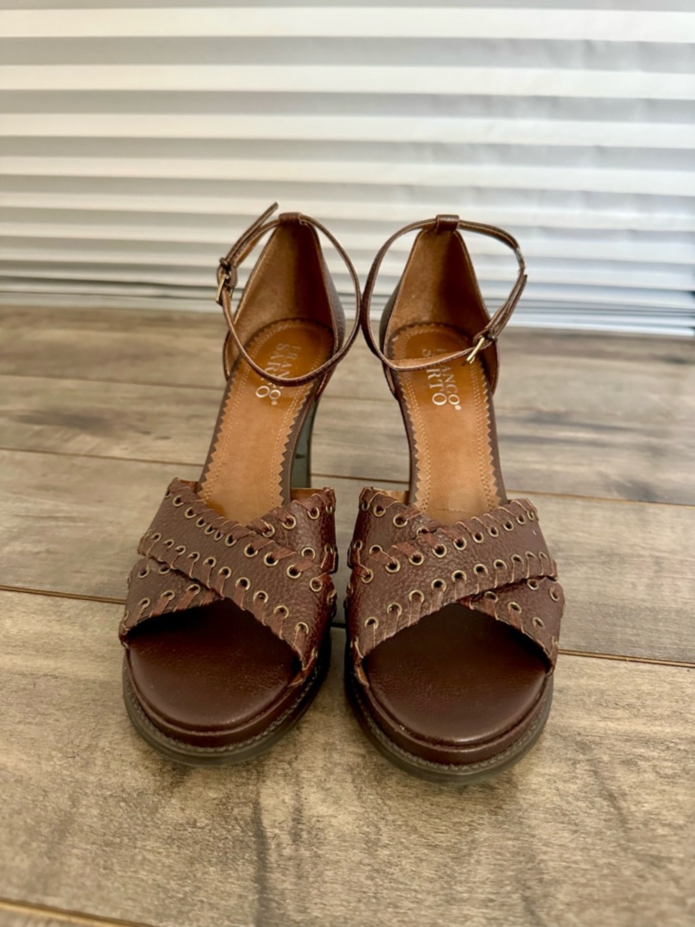 Franco Sarto Brown Leather Eyelet Wedge Sandals